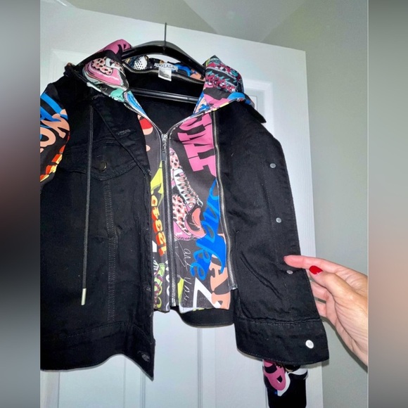 OO LALA Colorful Graphic Sleeve Hoodie Jacket Sz.L – Black Denim Front - Picture 2 of 10